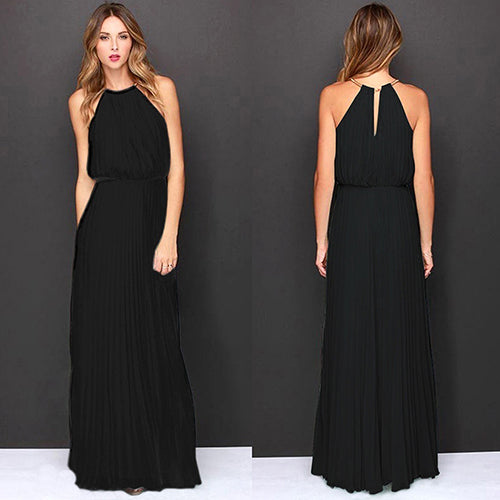 Women Fashion Sexy Solid Sleeveless Halter Pleated Casual Long Dress Sundress