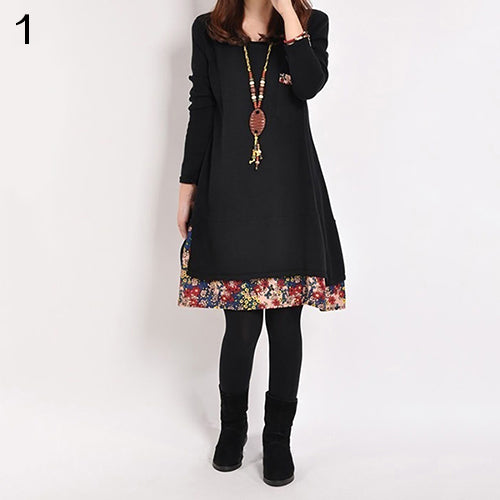 Women Casual Round Neck Pullover T-Shirt Loose Floral Hem Blouse Top Dress