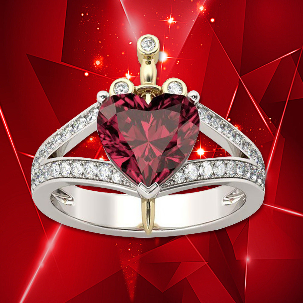 Women Fashion Love Heart Faux Ruby Rhinestone Inlaid Hollow Party Finger Ring