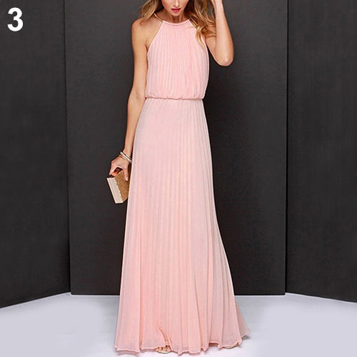 Women Fashion Sexy Solid Sleeveless Halter Pleated Casual Long Dress Sundress