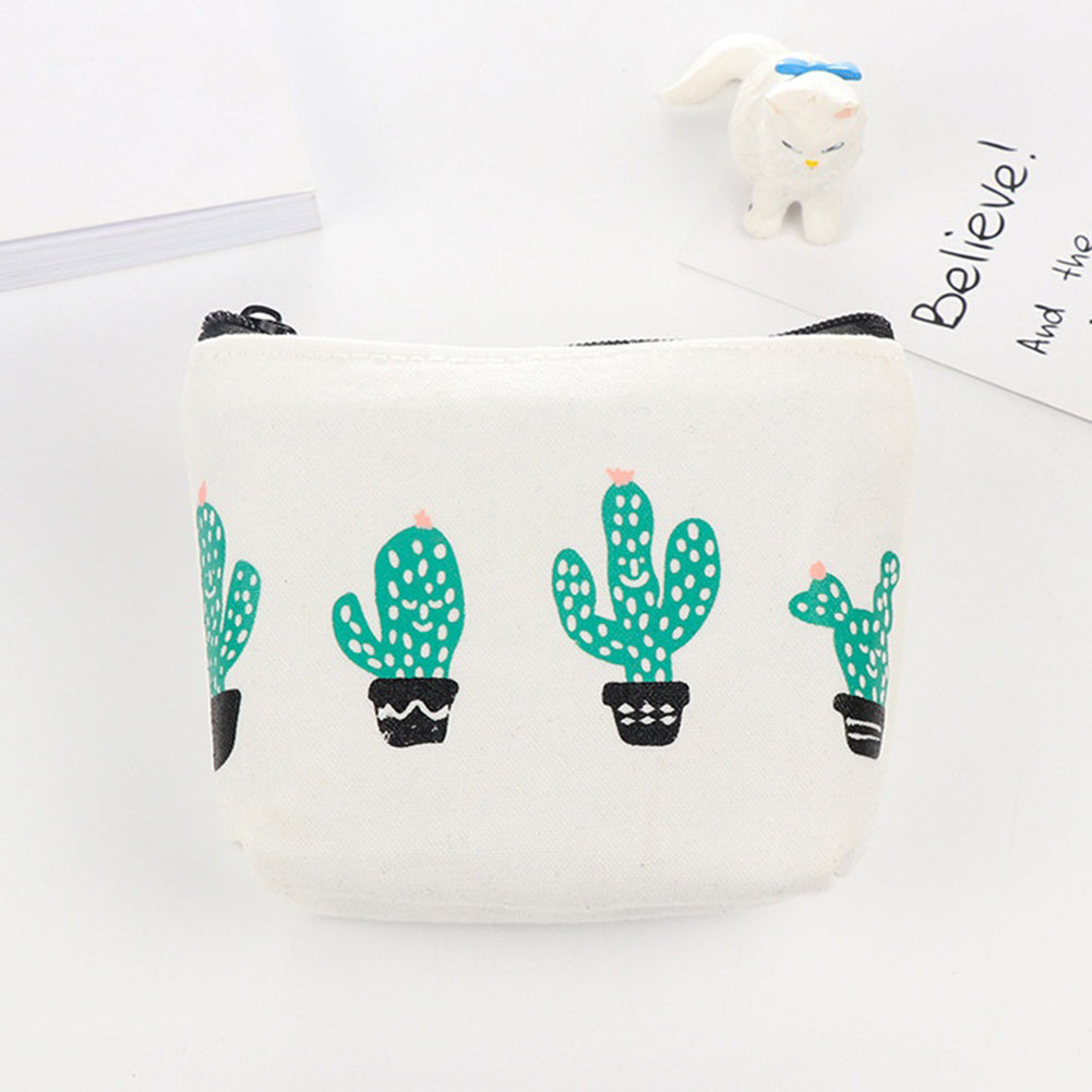 Green Cactus Print Canvas Coin Purse Mini Card Holder Zipper Pouch Wallet