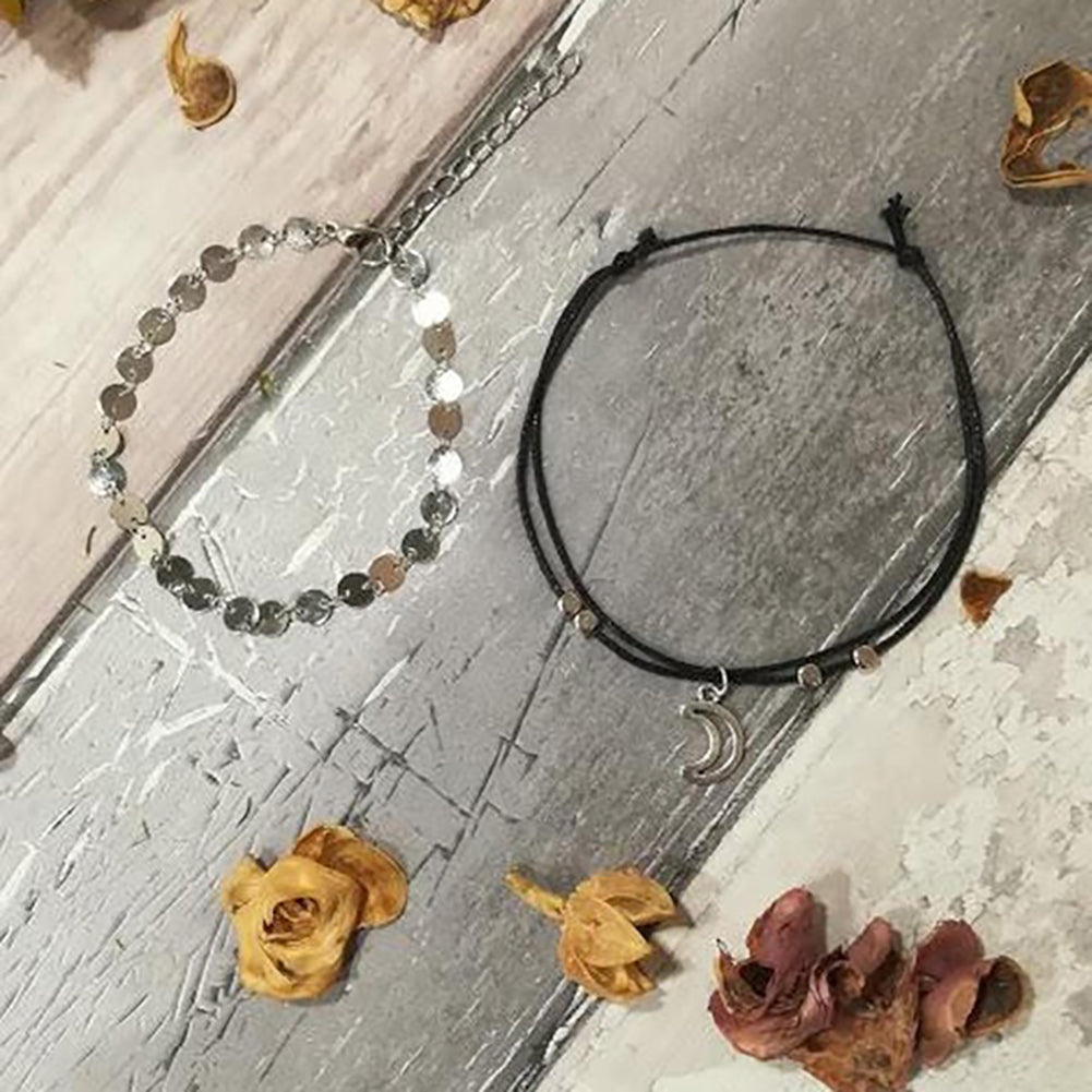 2Pcs/Set Boho Moon Beaded Anklet Sequins Beach Summer Ankle Bracelet Foot Chain