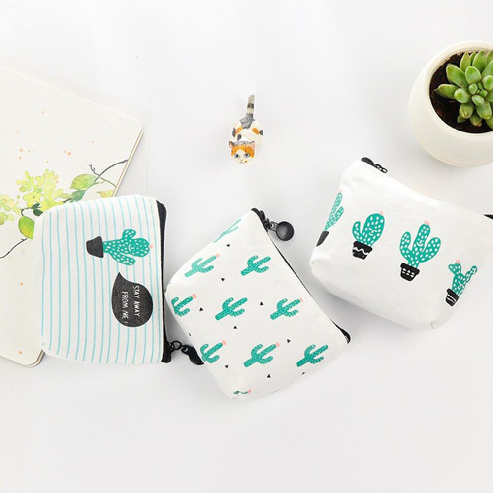 Green Cactus Print Canvas Coin Purse Mini Card Holder Zipper Pouch Wallet
