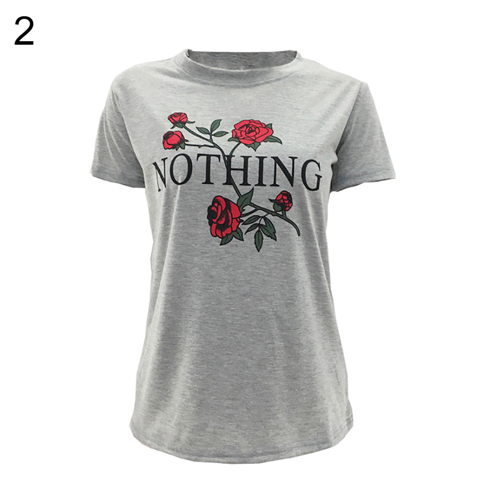 Nothing Letter Print Rose Flower Short Sleeve T-shirt Summer Women's Tee Top