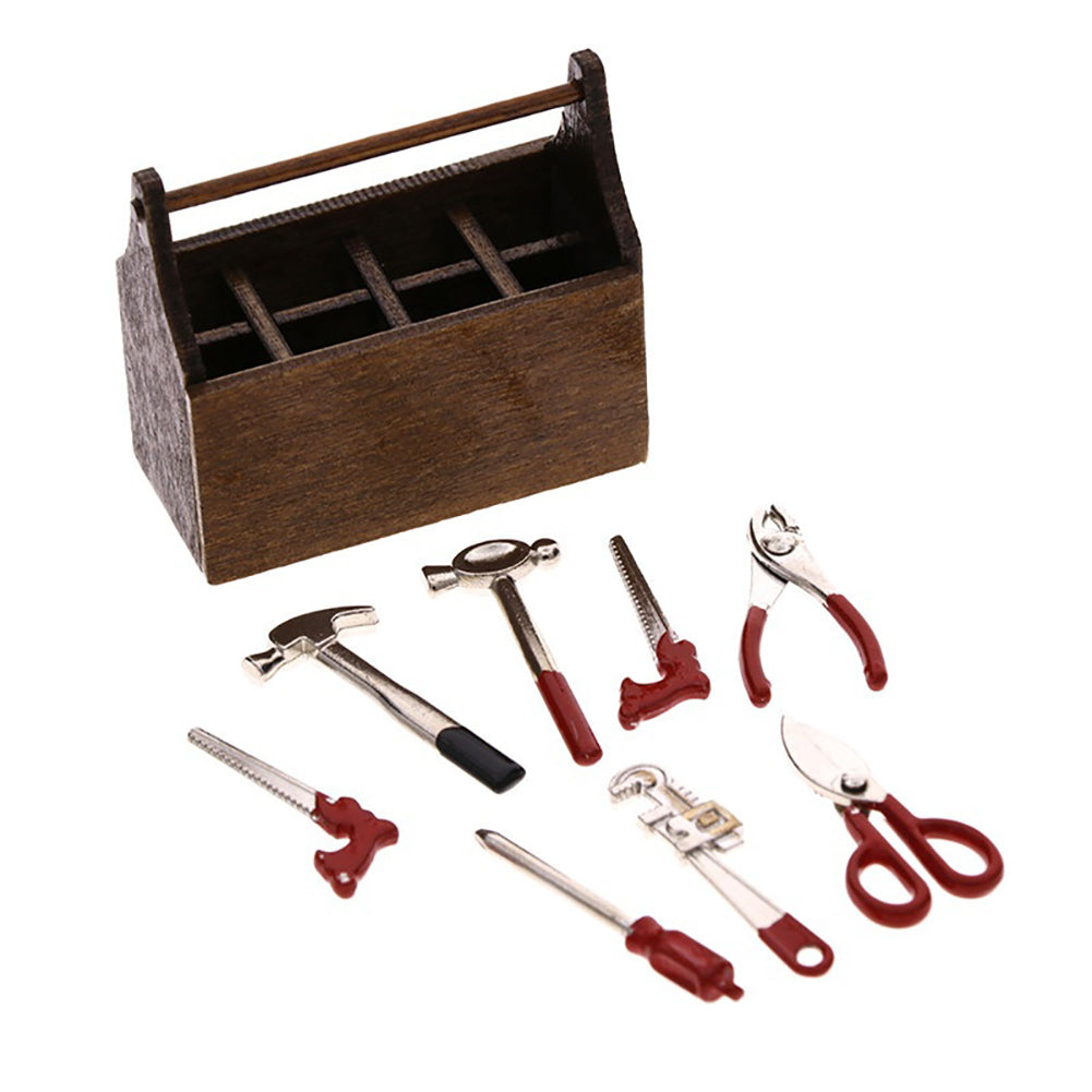 Miniature Wooden Box with Metal Tool Set Collection for 1/12 Dollhouse Decor