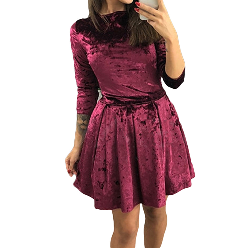 Winter Three-quarter Sleeve Evening Party Solid Color Crushed Velour Mini Dress