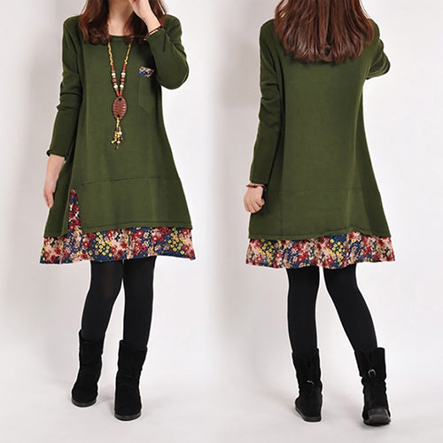 Women Casual Round Neck Pullover T-Shirt Loose Floral Hem Blouse Top Dress