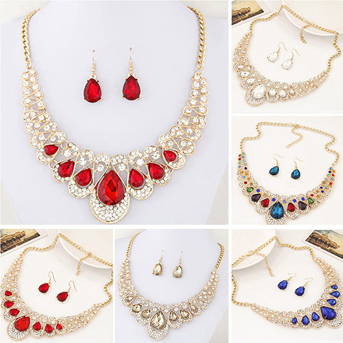 Women Fashion Rhinestone Waterdrop Pendant Necklace Shiny Earrings Jewelry Set