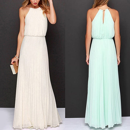 Women Fashion Sexy Solid Sleeveless Halter Pleated Casual Long Dress Sundress