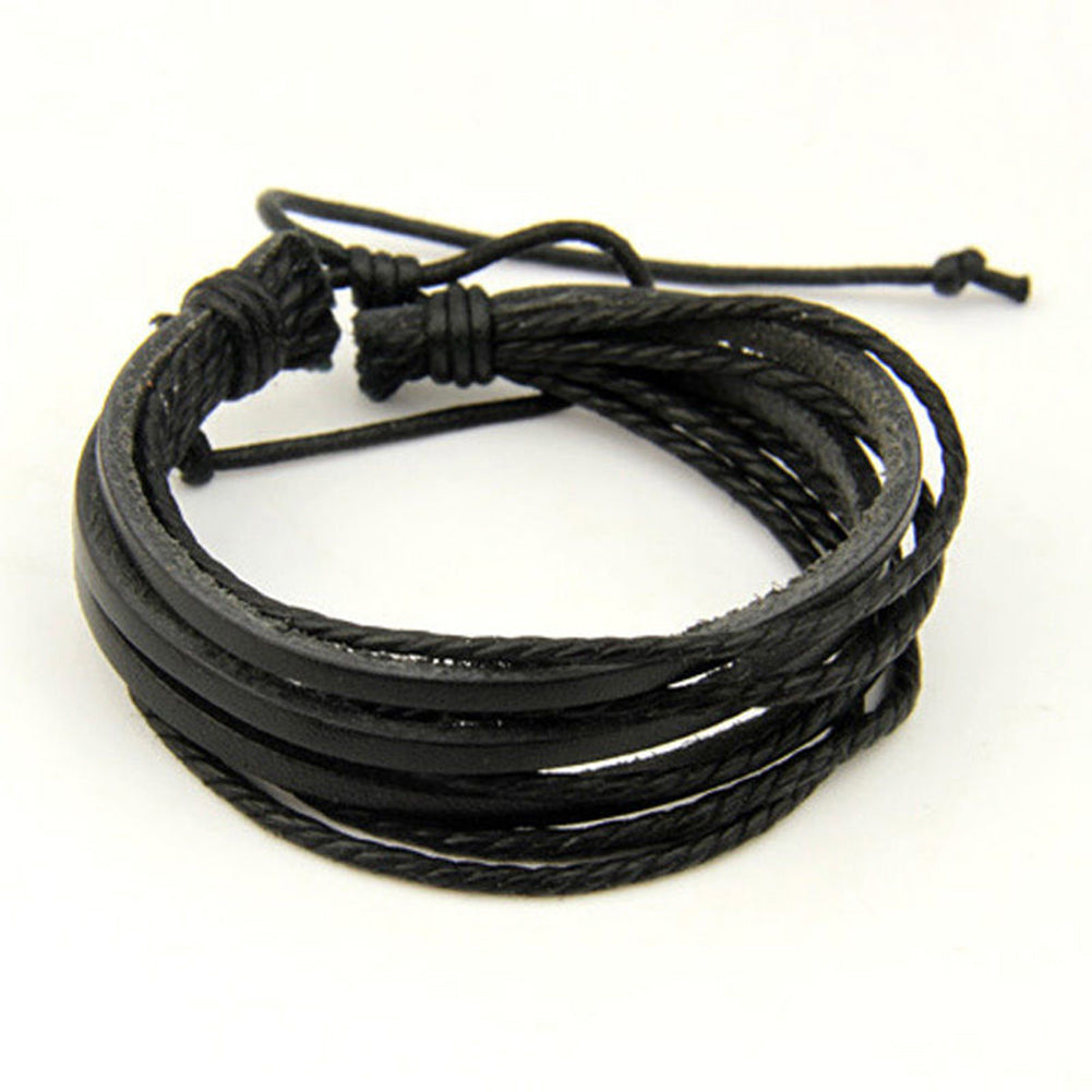Men Vintage Braided Faux Leather Stainless Steel Cuff Bangle Bracelet Wristband