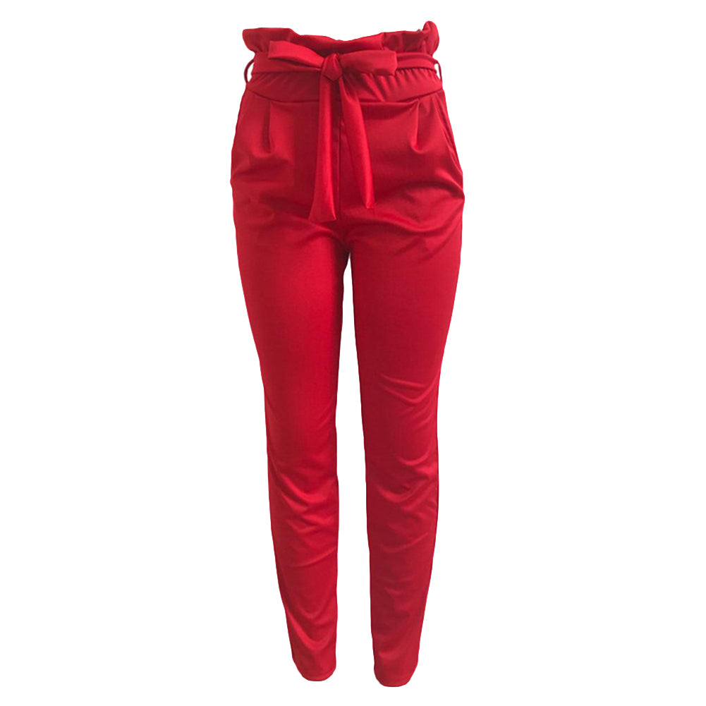 Women Casual Solid Color Trousers Waist Belt Ruffled Waist Long Pencil Pants