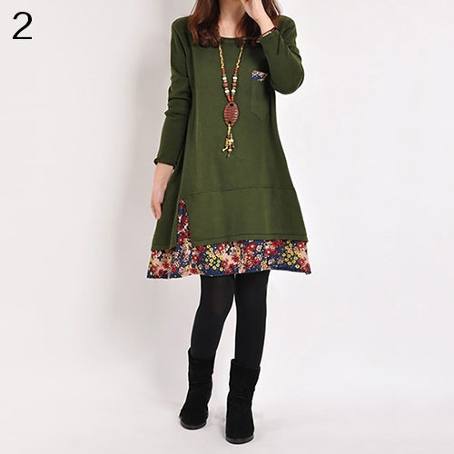 Women Casual Round Neck Pullover T-Shirt Loose Floral Hem Blouse Top Dress