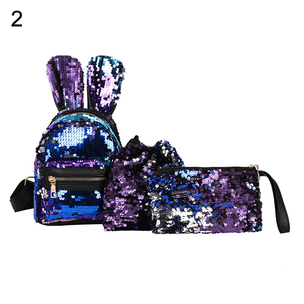 3Pcs Women Sequin Rabbit Ear Fashion Handbag Shoulder Crossbody Bag Pouch