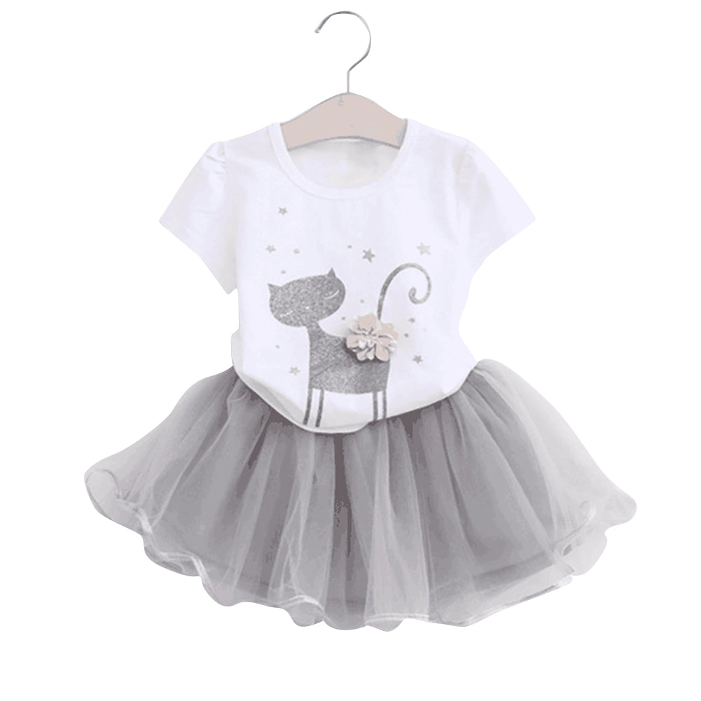 Kids Girls Fashion Cat Pattern T-shirt Short Sleeve Dancewear Party Tutu Skirt Set