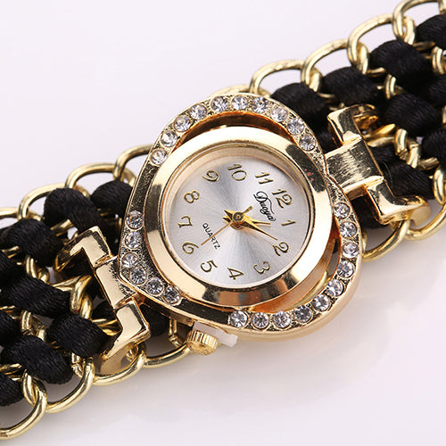 Women Fashion Love Heart Shiny Rhinestone Braid Band Analog Quartz Wrist Watch