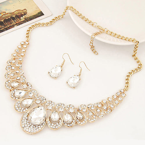 Women Fashion Rhinestone Waterdrop Pendant Necklace Shiny Earrings Jewelry Set