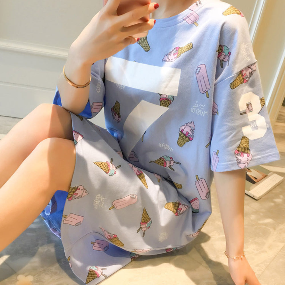 Women Cotton Short Sleeve O Neck Ice Cream Pattern Night Dress Night Sleepwear