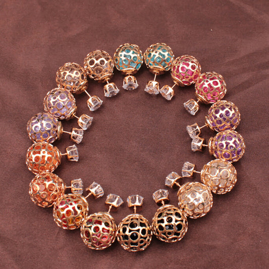 Women Fashion Hollow Ball Ear Jackets Stud Earrings Double Side Piercing Jewelry