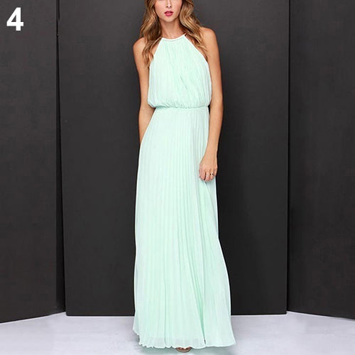 Women Fashion Sexy Solid Sleeveless Halter Pleated Casual Long Dress Sundress