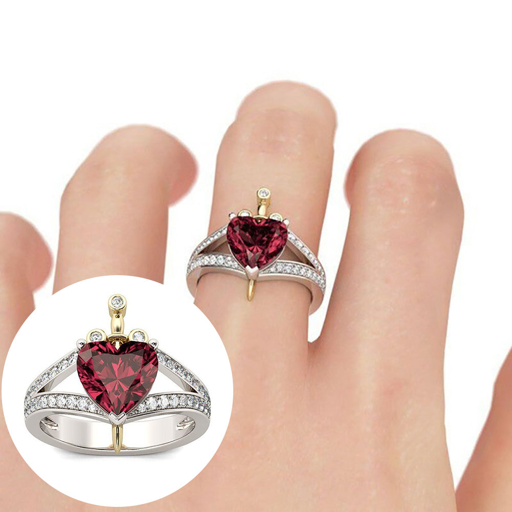 Women Fashion Love Heart Faux Ruby Rhinestone Inlaid Hollow Party Finger Ring