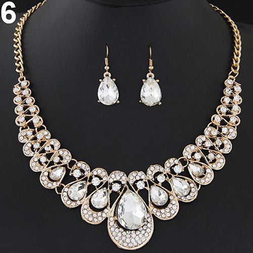 Women Fashion Rhinestone Waterdrop Pendant Necklace Shiny Earrings Jewelry Set