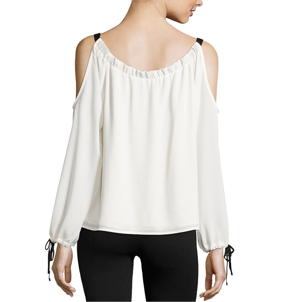 Women Bowknot Bandage Off Shoulder Long Sleeve Sexy Chiffon T-Shirt Top Blouse