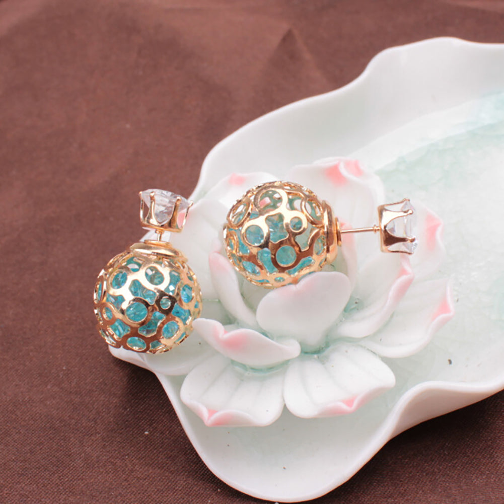 Women Fashion Hollow Ball Ear Jackets Stud Earrings Double Side Piercing Jewelry