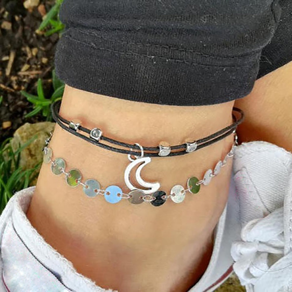 2Pcs/Set Boho Moon Beaded Anklet Sequins Beach Summer Ankle Bracelet Foot Chain