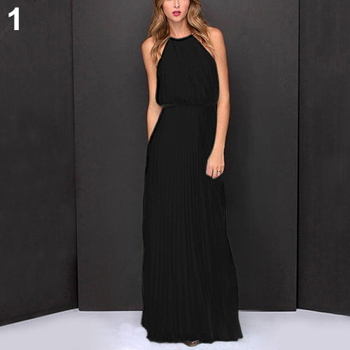 Women Fashion Sexy Solid Sleeveless Halter Pleated Casual Long Dress Sundress