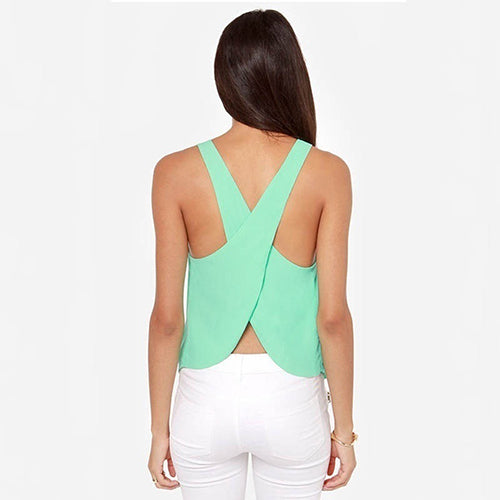 Women Candy Color Sexy Chiffon Cross Back Sleeveless Summer Casual Tank Top