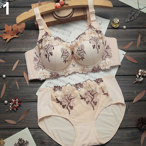 Women's Sexy Floral Lace 3/4 Cup Bra + Low Rise Briefs Underwear Intimate Set
