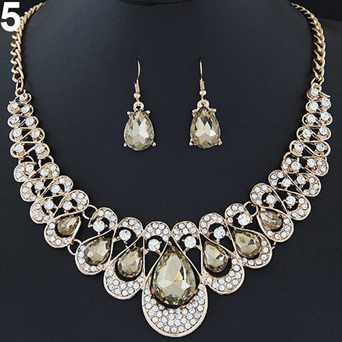 Women Fashion Rhinestone Waterdrop Pendant Necklace Shiny Earrings Jewelry Set