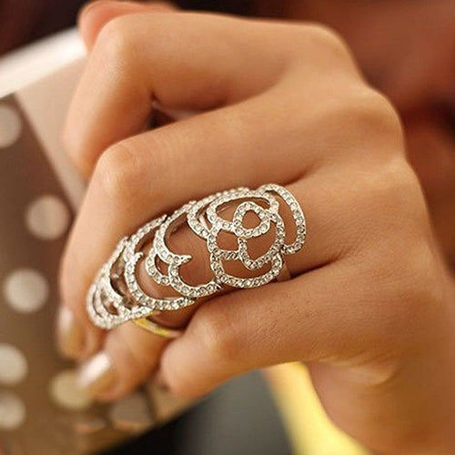 Women Bendable Hollow Twinkling Rhinesone Rose Knuckle Finger Chic Joint Ring