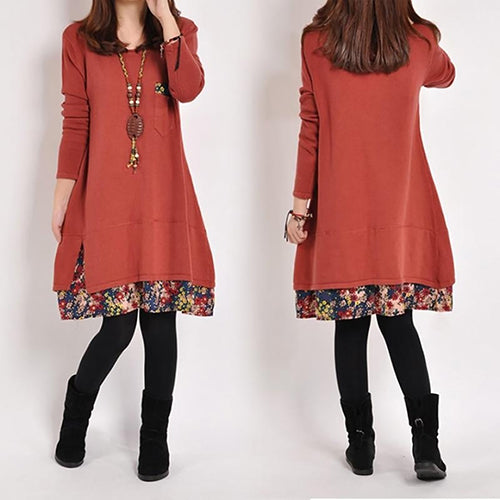 Women Casual Round Neck Pullover T-Shirt Loose Floral Hem Blouse Top Dress