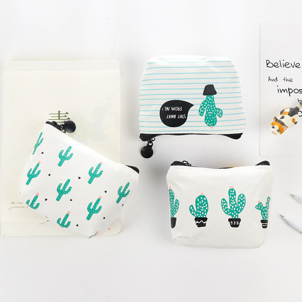 Green Cactus Print Canvas Coin Purse Mini Card Holder Zipper Pouch Wallet