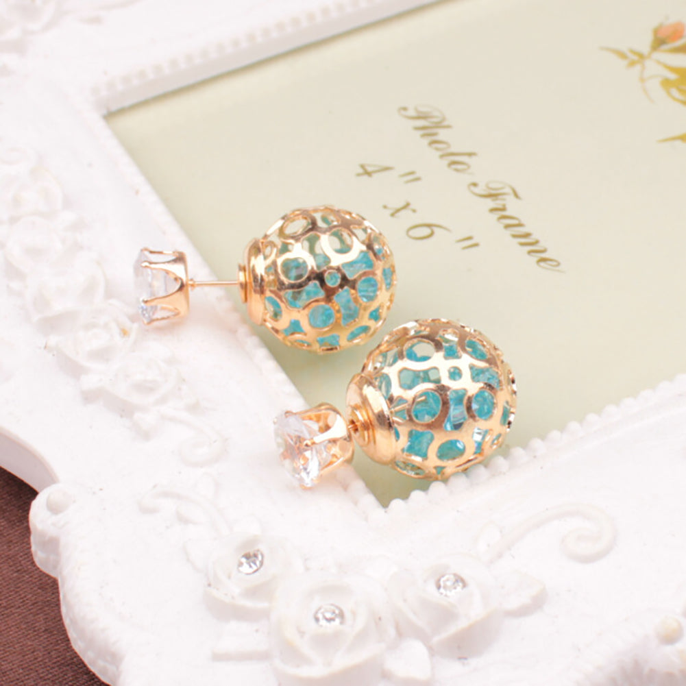 Women Fashion Hollow Ball Ear Jackets Stud Earrings Double Side Piercing Jewelry