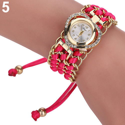Women Fashion Love Heart Shiny Rhinestone Braid Band Analog Quartz Wrist Watch