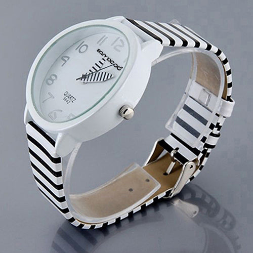 Women Fashion Color Striped Strap Round Case Casual Quartz Analog Wrist Watch