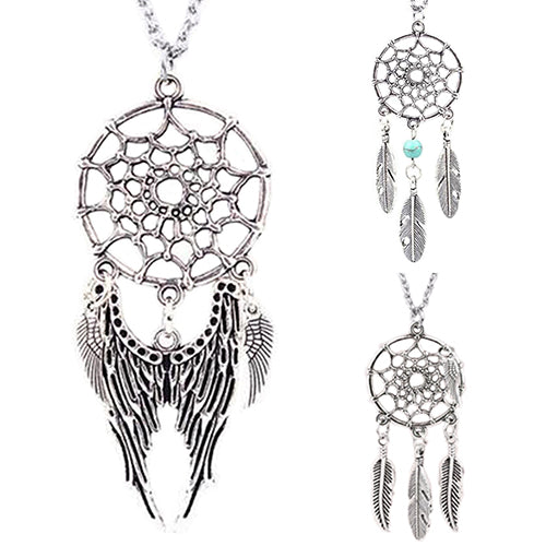 Women Ethnic Turquoise Feather Wing Pendant Dream Catcher Charm Chain Necklace