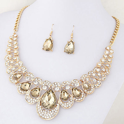 Women Fashion Rhinestone Waterdrop Pendant Necklace Shiny Earrings Jewelry Set
