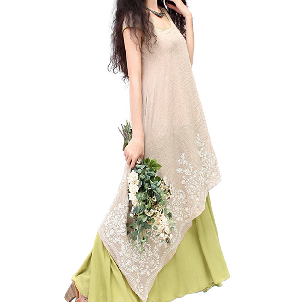 Women Fashion Cotton Linen Embroidery Irregular Fake Two Pieces Long Shirt Dress