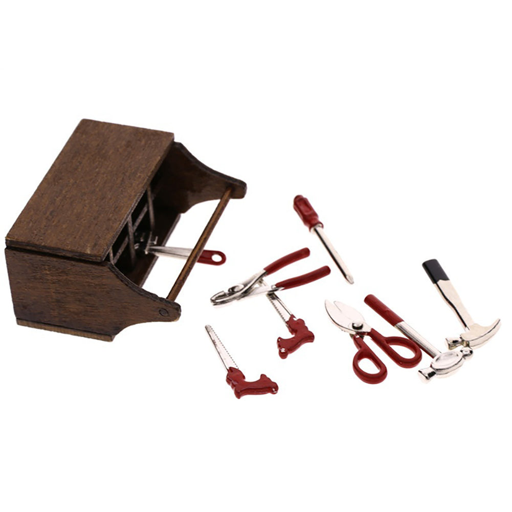 Miniature Wooden Box with Metal Tool Set Collection for 1/12 Dollhouse Decor