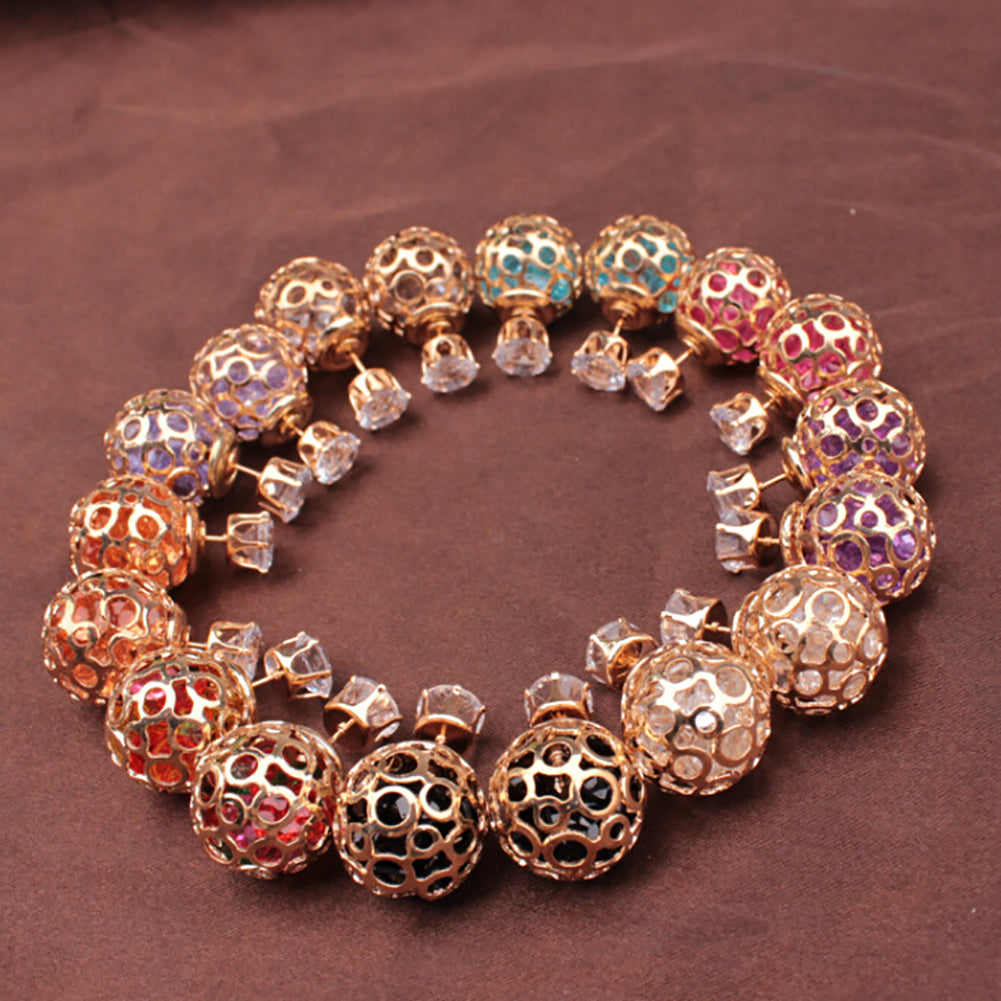 Women Fashion Hollow Ball Ear Jackets Stud Earrings Double Side Piercing Jewelry