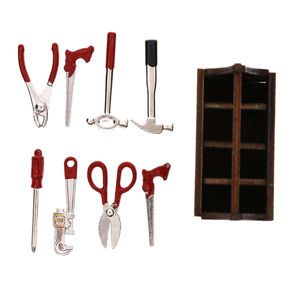 Miniature Wooden Box with Metal Tool Set Collection for 1/12 Dollhouse Decor