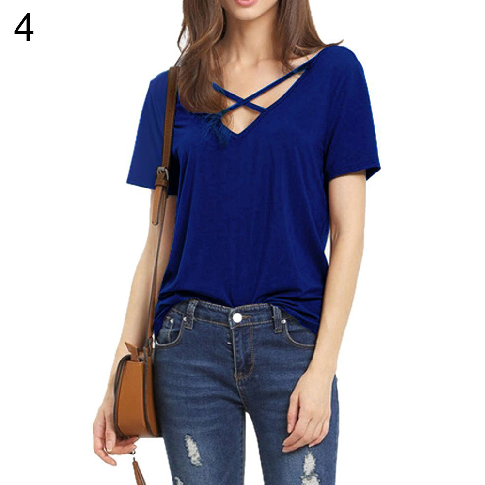 Fashion Women Deep V-neck Crossed Strap Short Sleeve T-shirt Casual Tee Shirt