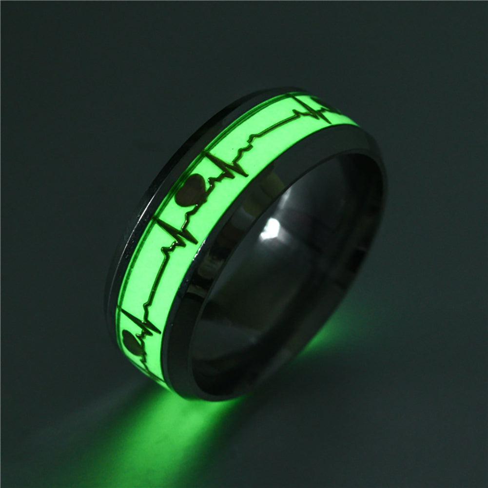 Glow in The Dark Heart Rate Electrocardiogram Stainless Steel Couple Finger Ring