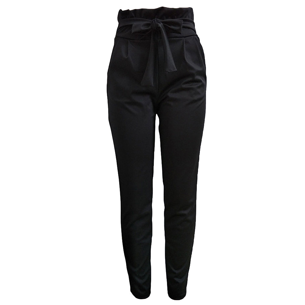 Women Casual Solid Color Trousers Waist Belt Ruffled Waist Long Pencil Pants