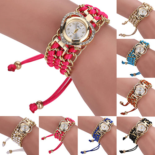 Women Fashion Love Heart Shiny Rhinestone Braid Band Analog Quartz Wrist Watch