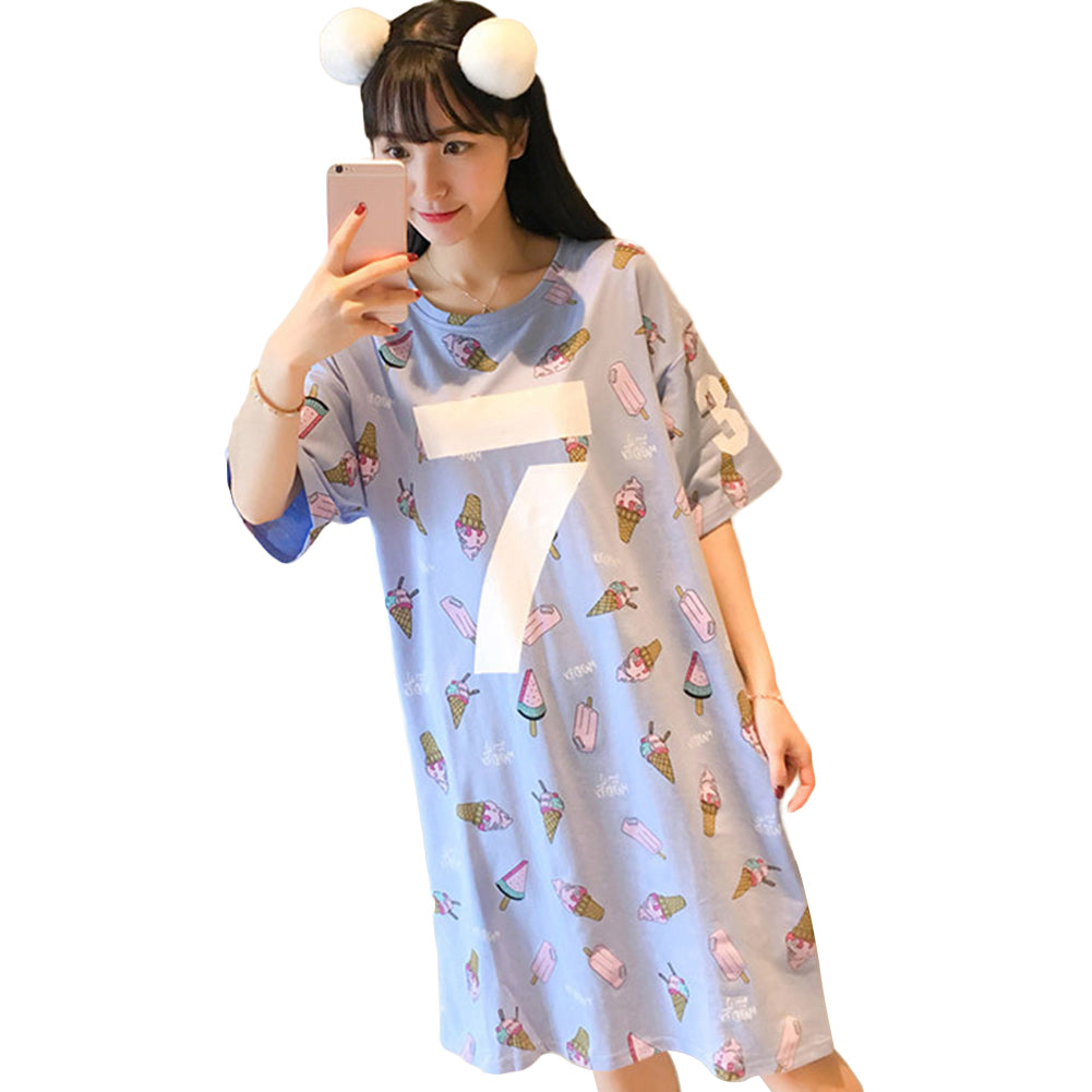 Women Cotton Short Sleeve O Neck Ice Cream Pattern Night Dress Night Sleepwear