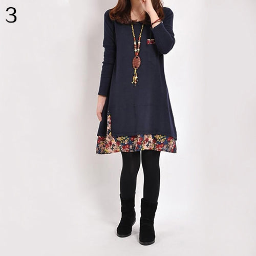 Women Casual Round Neck Pullover T-Shirt Loose Floral Hem Blouse Top Dress